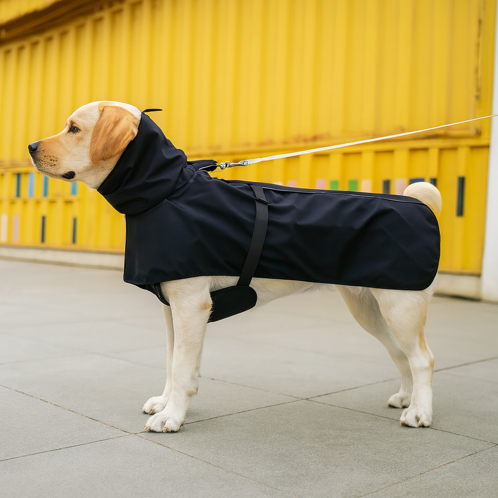 Gros chien de couleur blanc portant un imper pour chien de couleur noir dans une ville. Image produit Boutiquechien