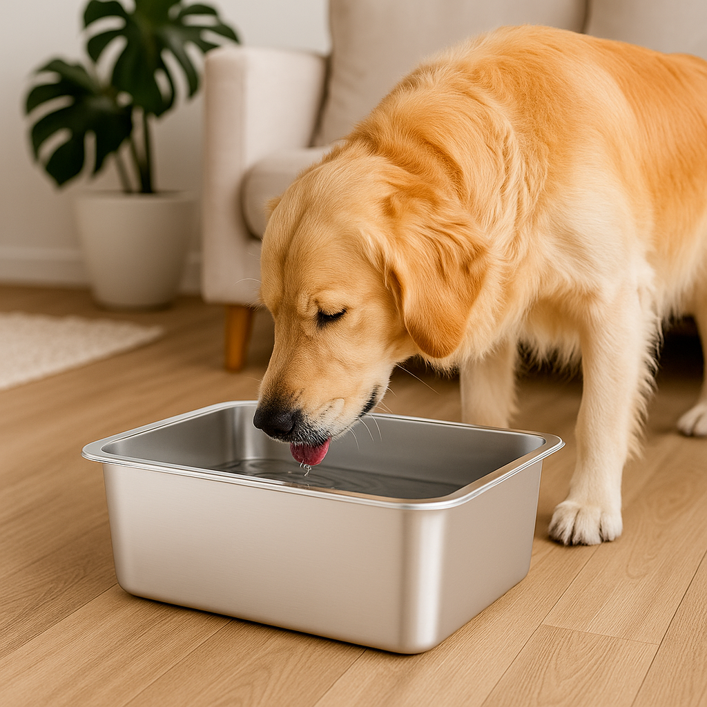 gros chien blanc buvant dans une grosse gamelle en acier inoxydable. En fond il y a un canapé de couleur gris et une plante verte. Image produit Boutiquechien