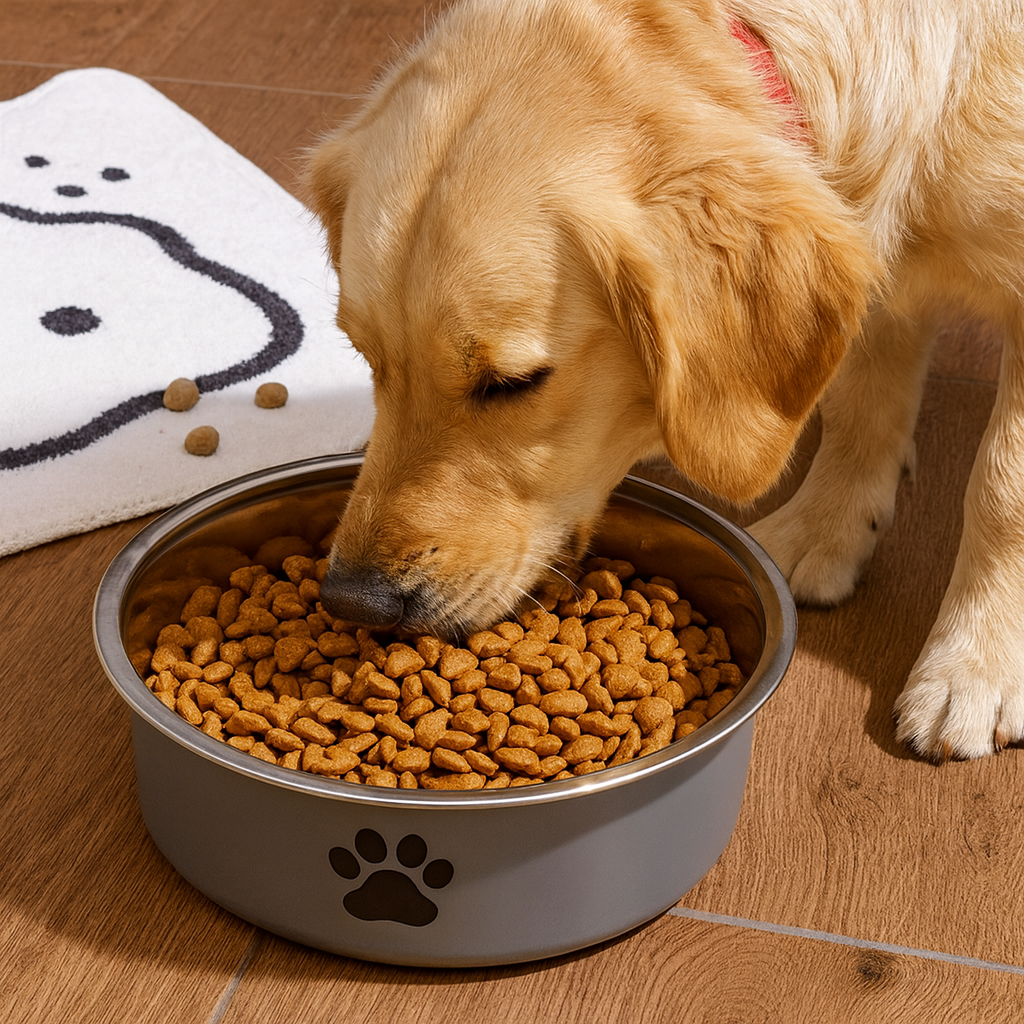 Gros chien de couleur claire mangeant des croquettes dans une gamelle en inox anti dérapante de couleur grise avec motif patte noir. Image produit Boutiquechien