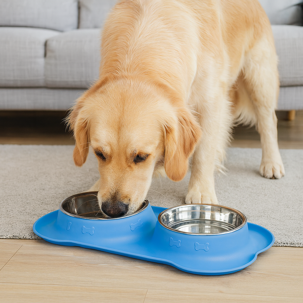 Gros chien de couleur blanc mangeant dans la gamelle double pour chien en inox avec protection de couleur blanc. En fond il y a un canapé de couleur gris. Image produit Boutiquechien