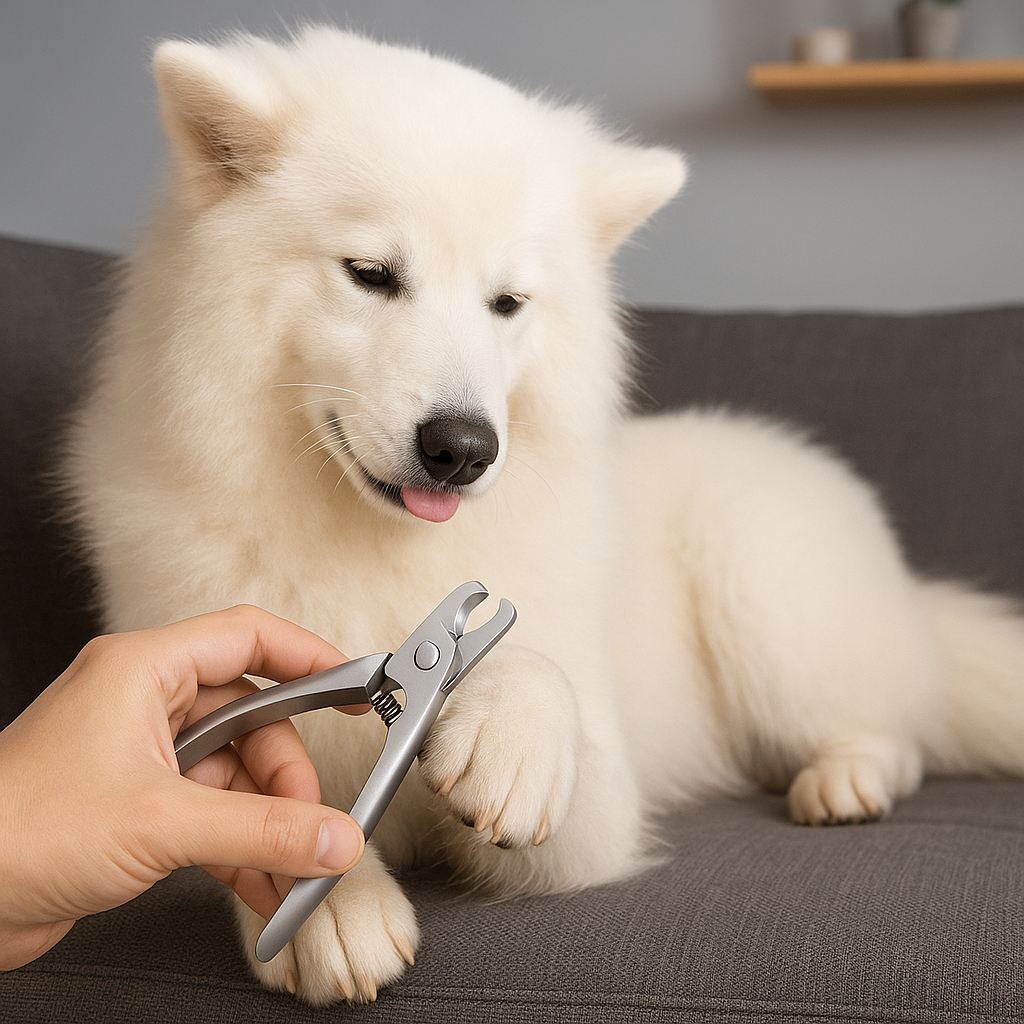 Gros chien de couleur blanc à toi long couché sur un canapé de couleur gris foncé. Le couple ongle est de couleur gris. Image produit Boutiquechien