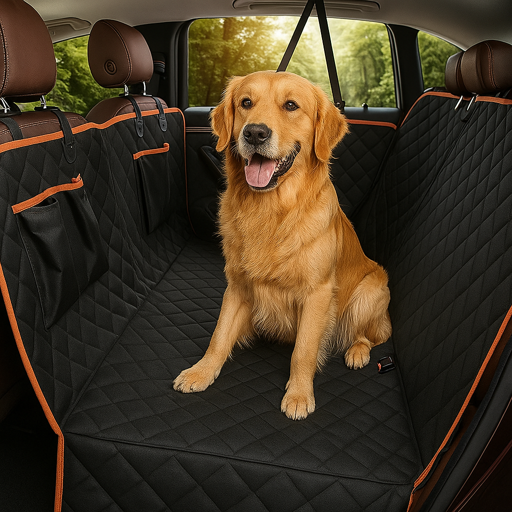 Golden retriever de couleur brun sur une protection de siège de couleur noir et orange dans une voiture. Image produit Boutiquechien