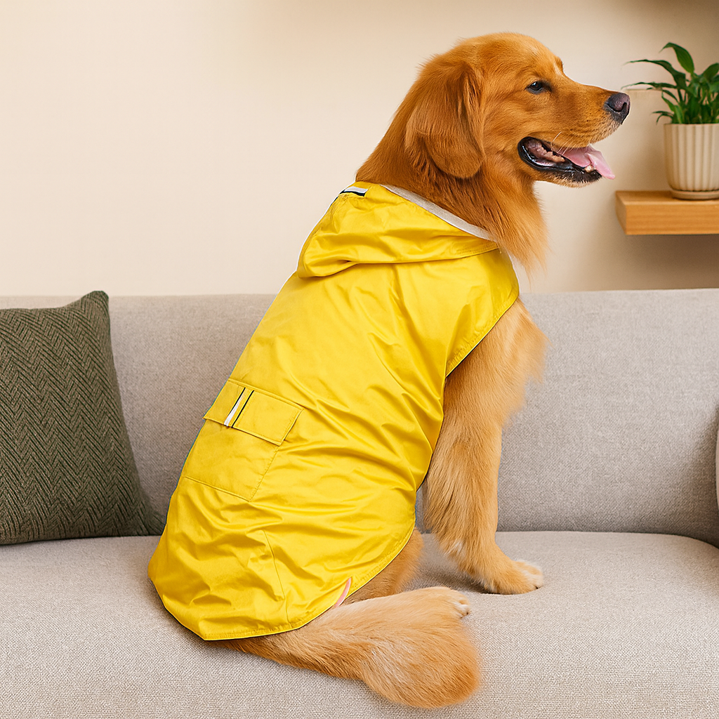 gros chien de couleur brun assis sur un canapé de couleur gris avec un imper pour chien jaune de boutiquechien. Image produit Boutiquechien