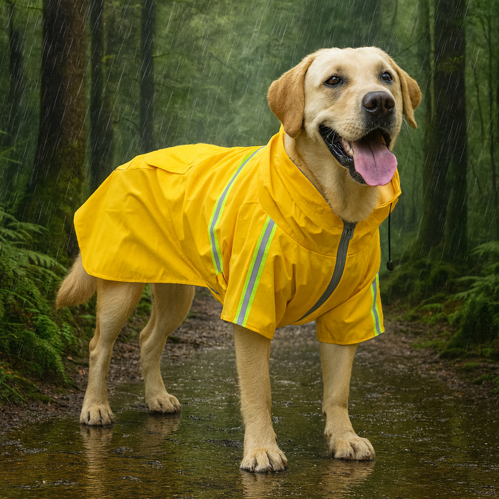 Gros chien de couleur blanc avec un imper de couleur jaune dans une forêt verte. Image produit Boutiquechien