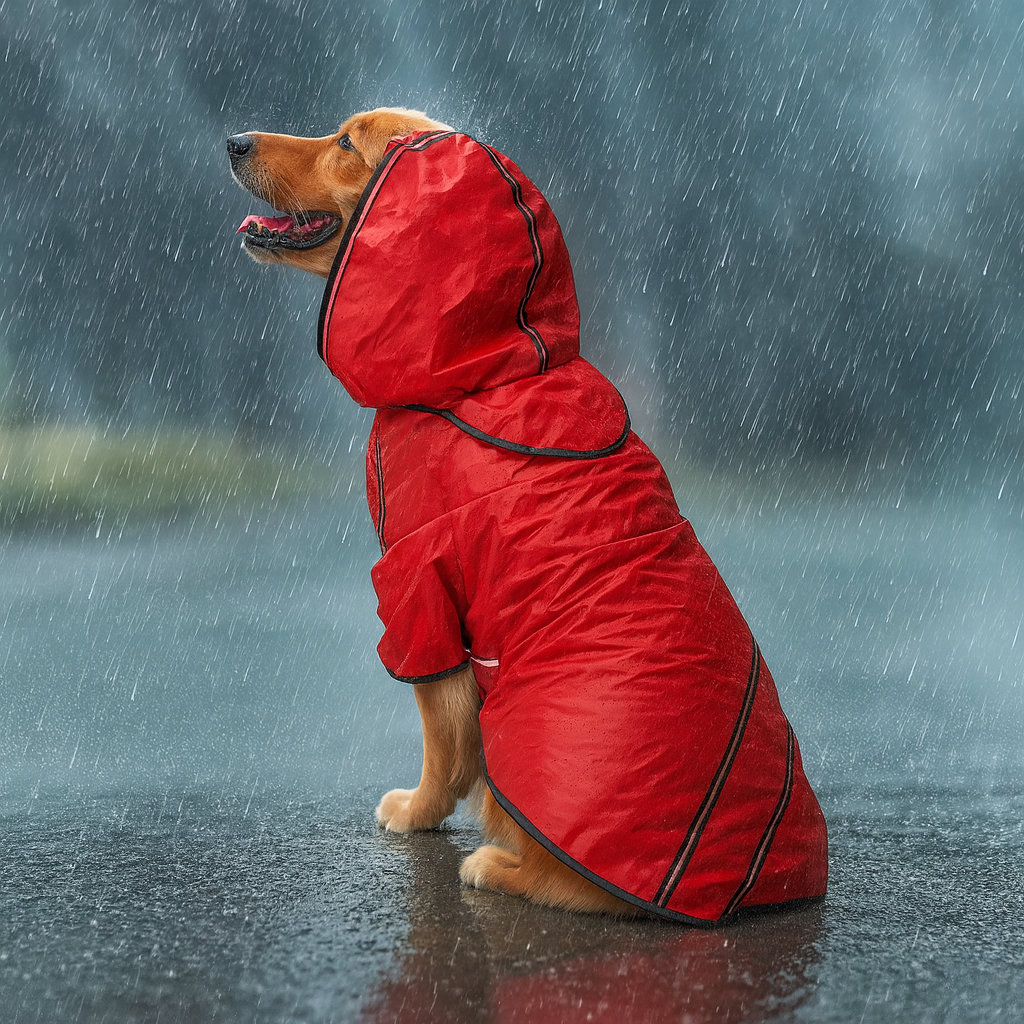 Gros chien de couleur brun portant un imper pour chien de couleur rouge sous une pluie battante. Image produit Boutiquechien