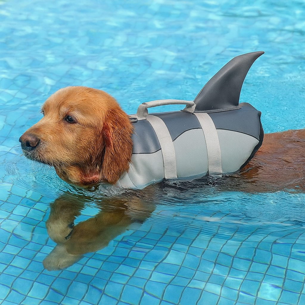 chien de couleur brun portant un gilet due sauvetage de couleur gris avec une forme de requin. Le chien se baigne dans la piscine. Image produit Boutiquechien