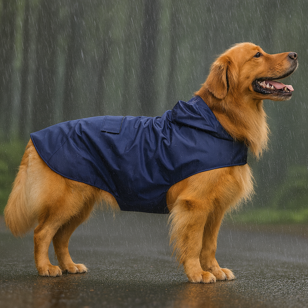 Gros chien de couleur burn portant un imper bleu foncé sur une route. Image produit Boutiquechien