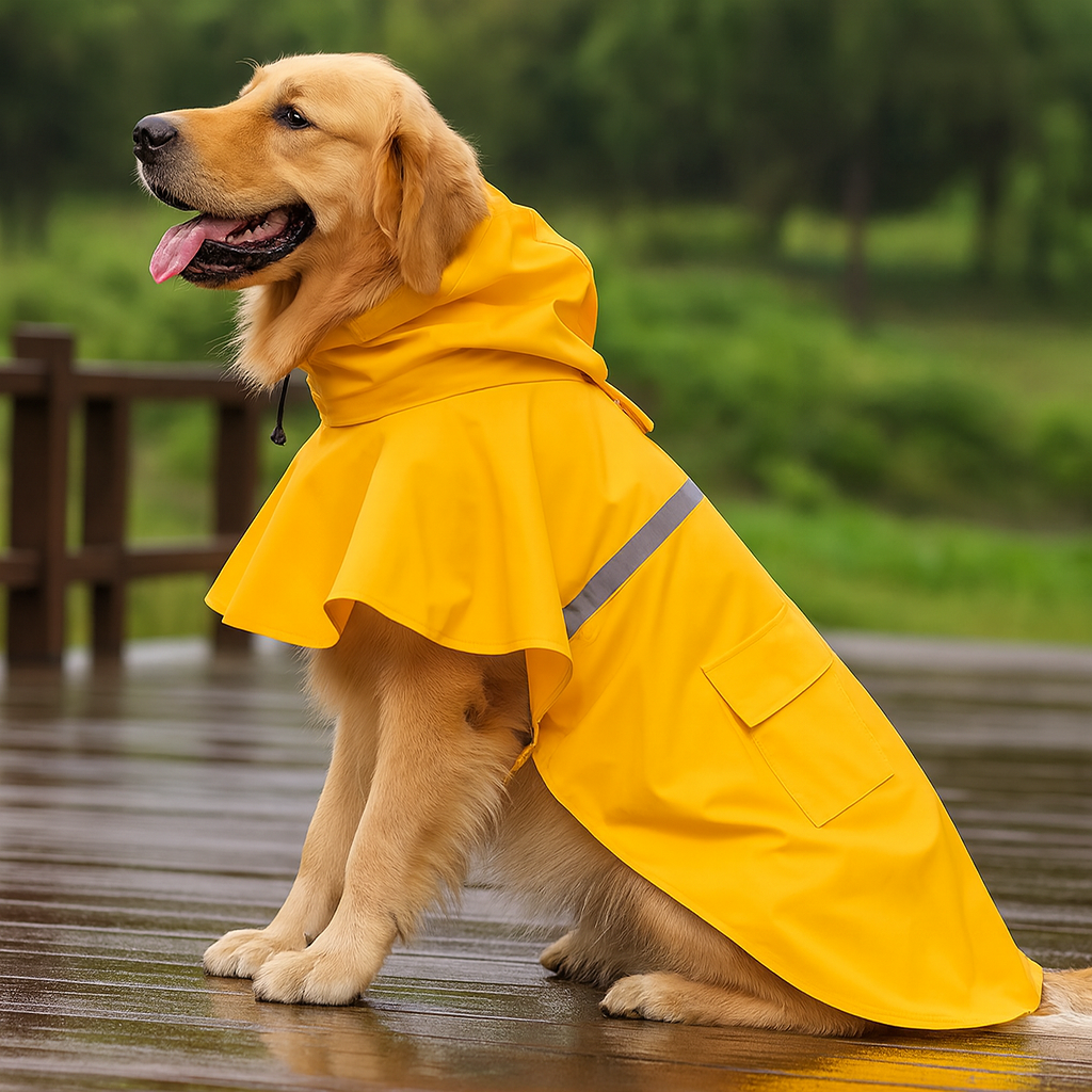 gros chien de couleur brun roux portant un imper de couleur jaune avec une bande réfléchissante grise. Le chien est assis sur un pont en bois près des bois. Image produit Boutiquechien