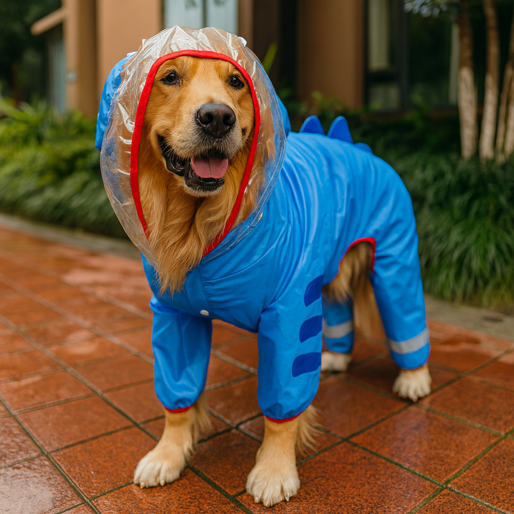 Gros chien de couleur claire portant un imper bleu en forme de requin dans une rue. Image produit Boutiquechien