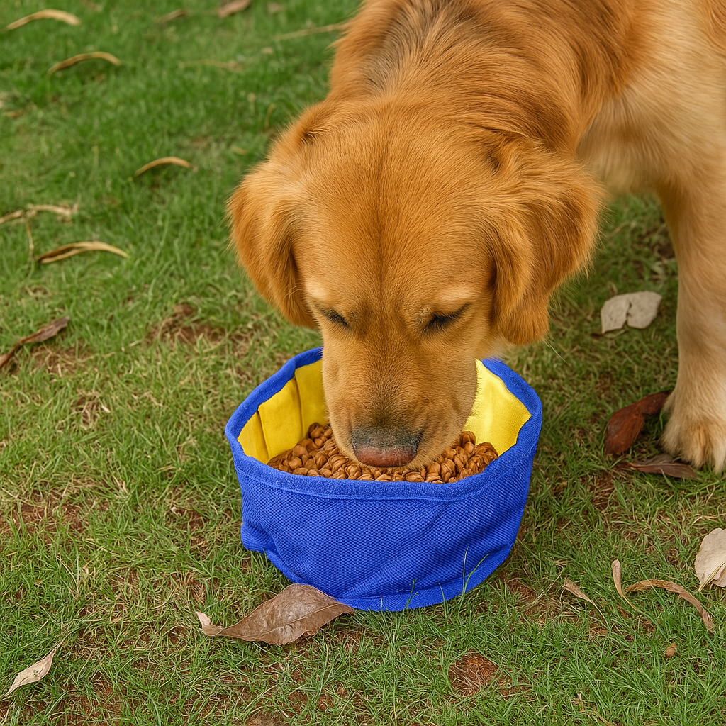Gros chien roux mangeant dans une gamelle pliante de couleur bleu et jaune sur une herbe verte. Image produit Boutiquechien