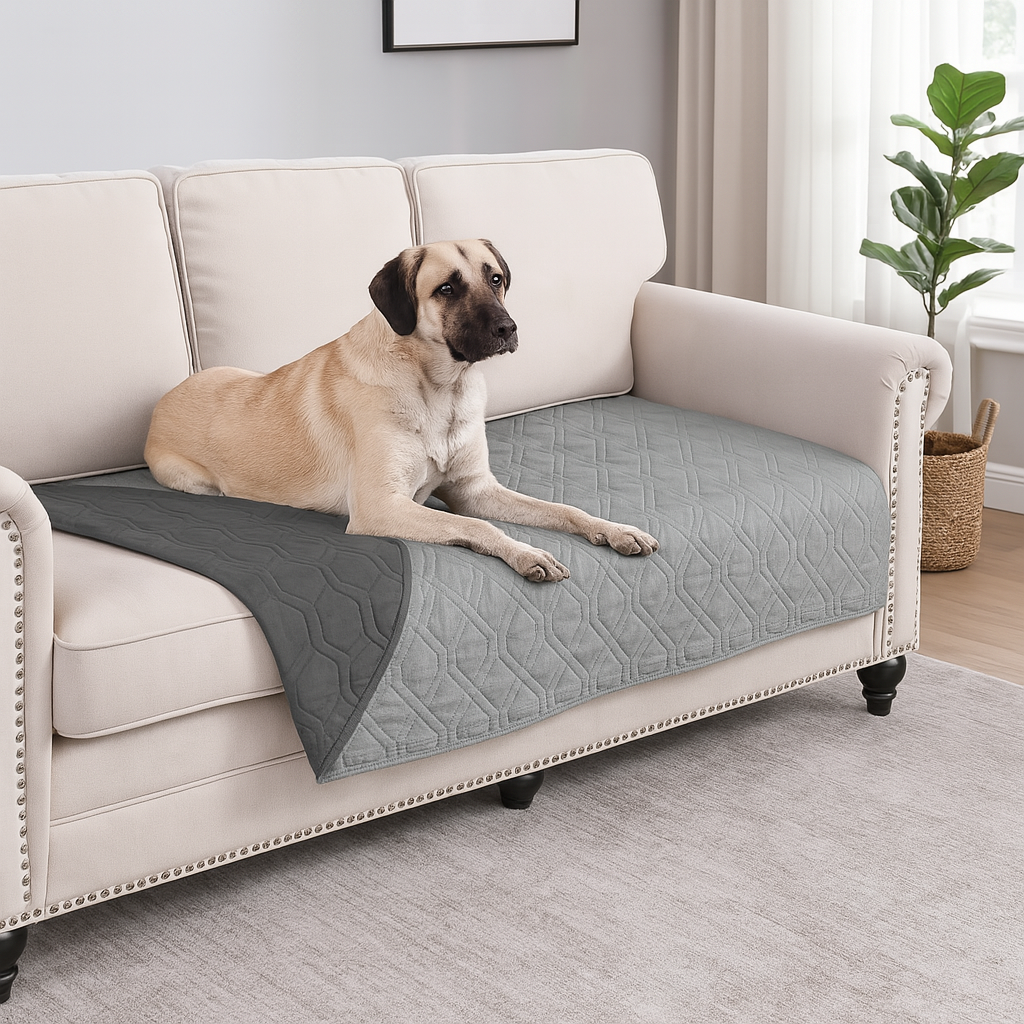 Gros chien blanc couché sur un canapé de couleur gris pour protéger le canapé. Le canapé chien est de couleur blanc avec sur le côté une plante verte. Image produit Boutiquechien