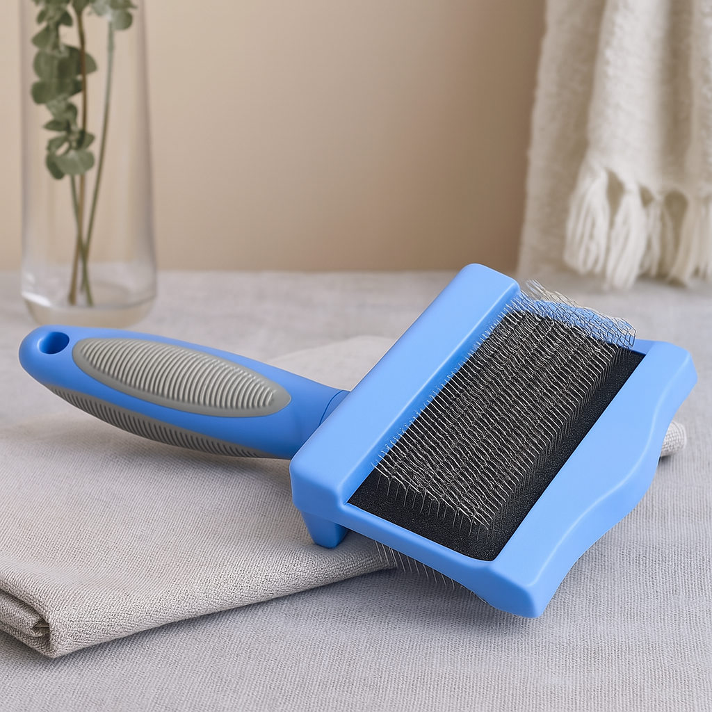 grosse brosse chien bleu double fasse mis en valeur sur un fond gris. Image produit Boutiquechien