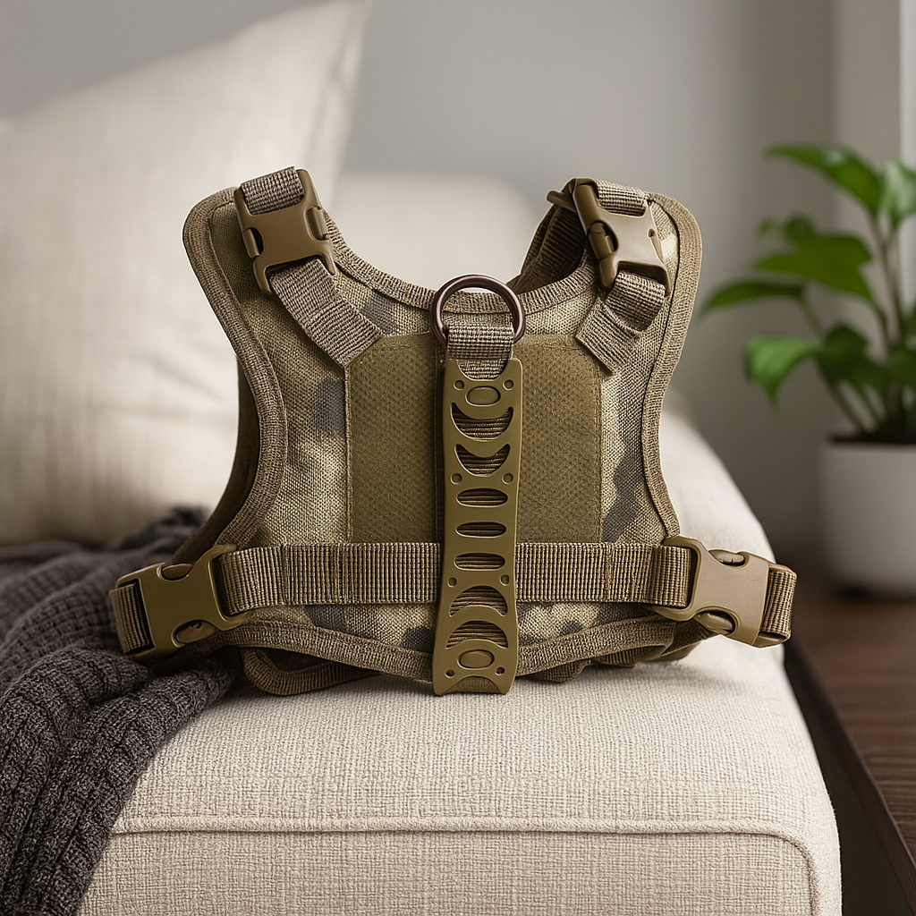harnais pour petit chien militaire résistant et durable avec poignée de traction. Le harnais pour chiot militaire est sur un canapé claire