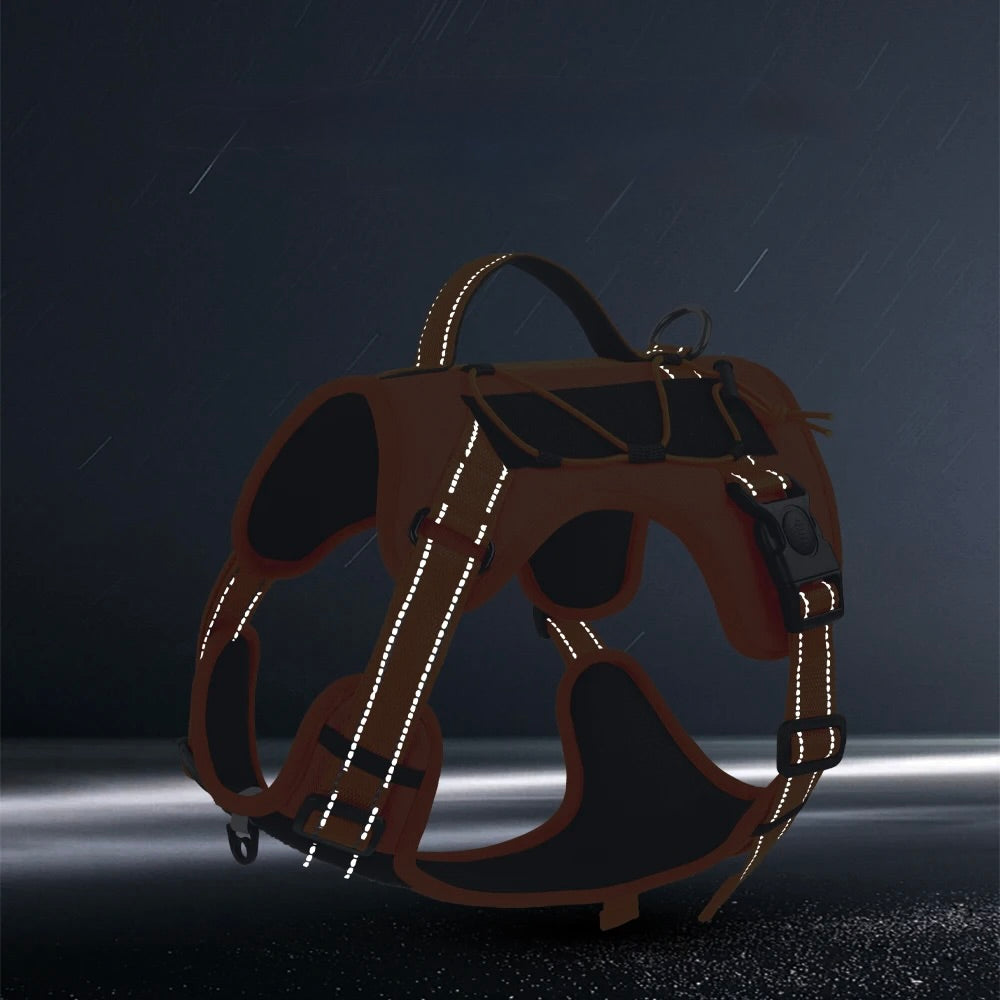 Harnais chien orange et durable. Le harnais chien est réfléchissant, parfait pour voir la nuit. Image produit Boutiquechien