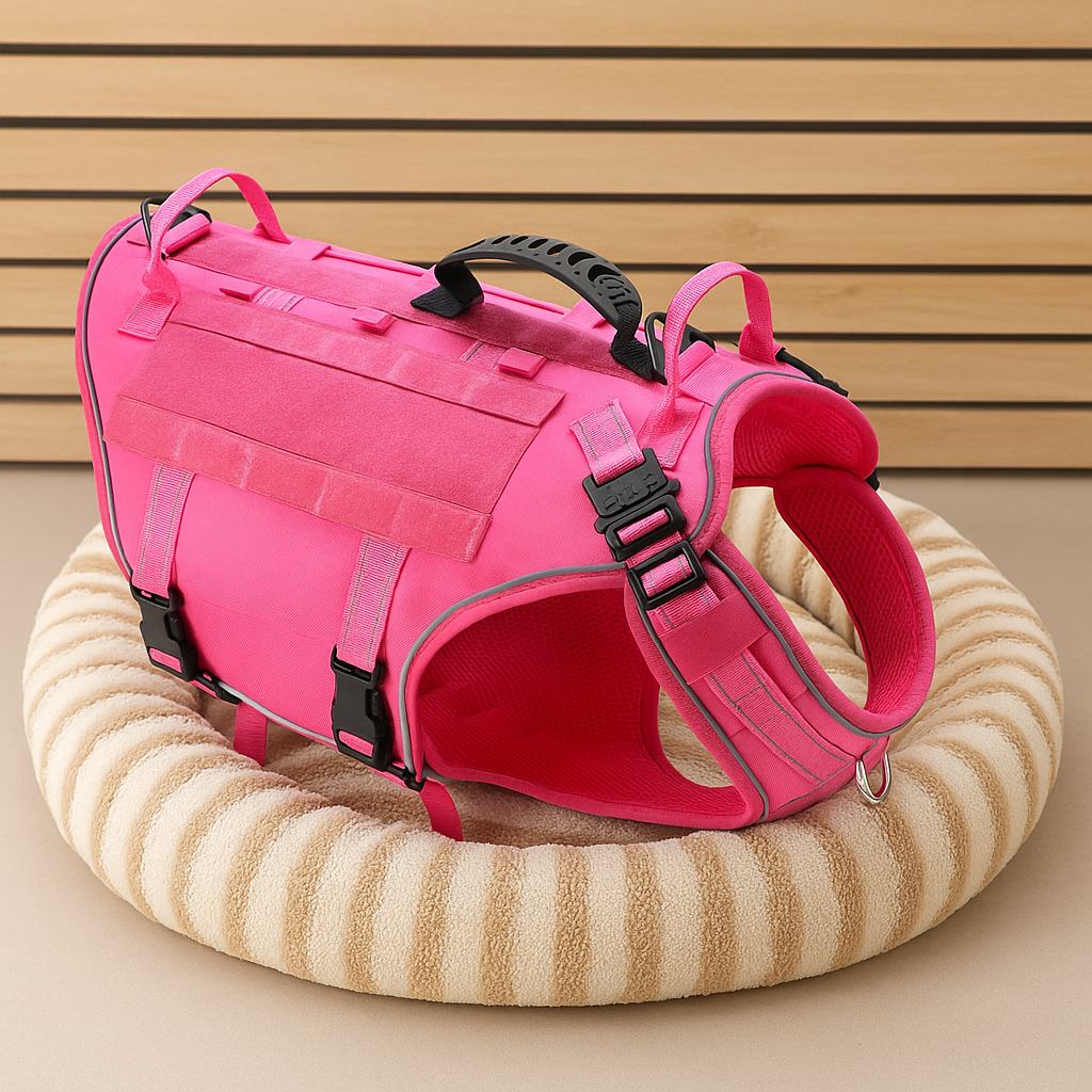 Harnais durable de couleur rose résistant et durable avec un grand maintient. Le harnais chien est posé dans un panier chien. Image produit Boutiquechien