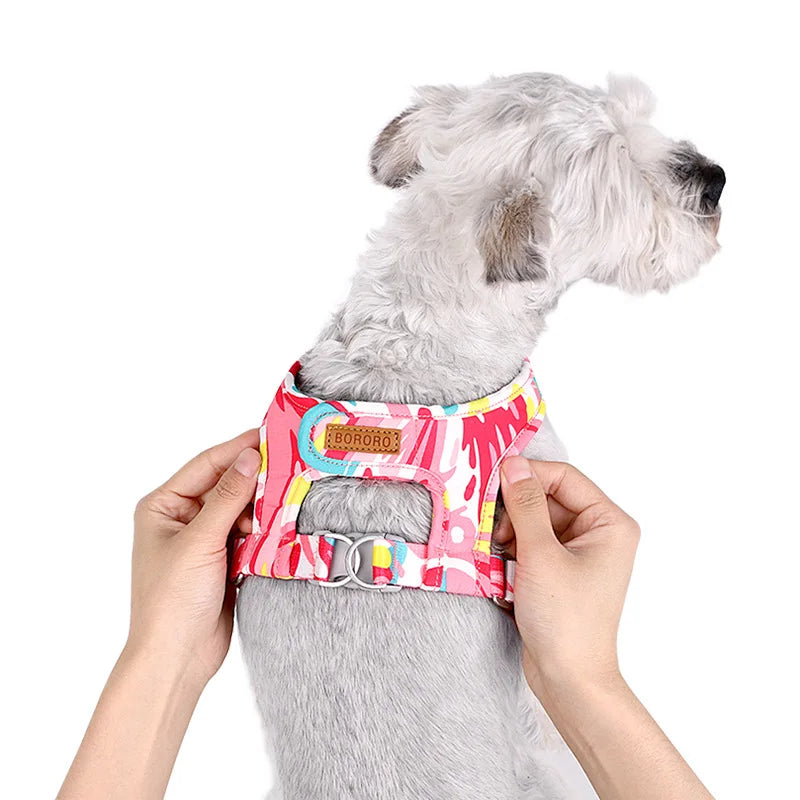 petit harnais pour chiot de couleur rouge sur un chien blanc de petite taille. Image produit Boutiquechien