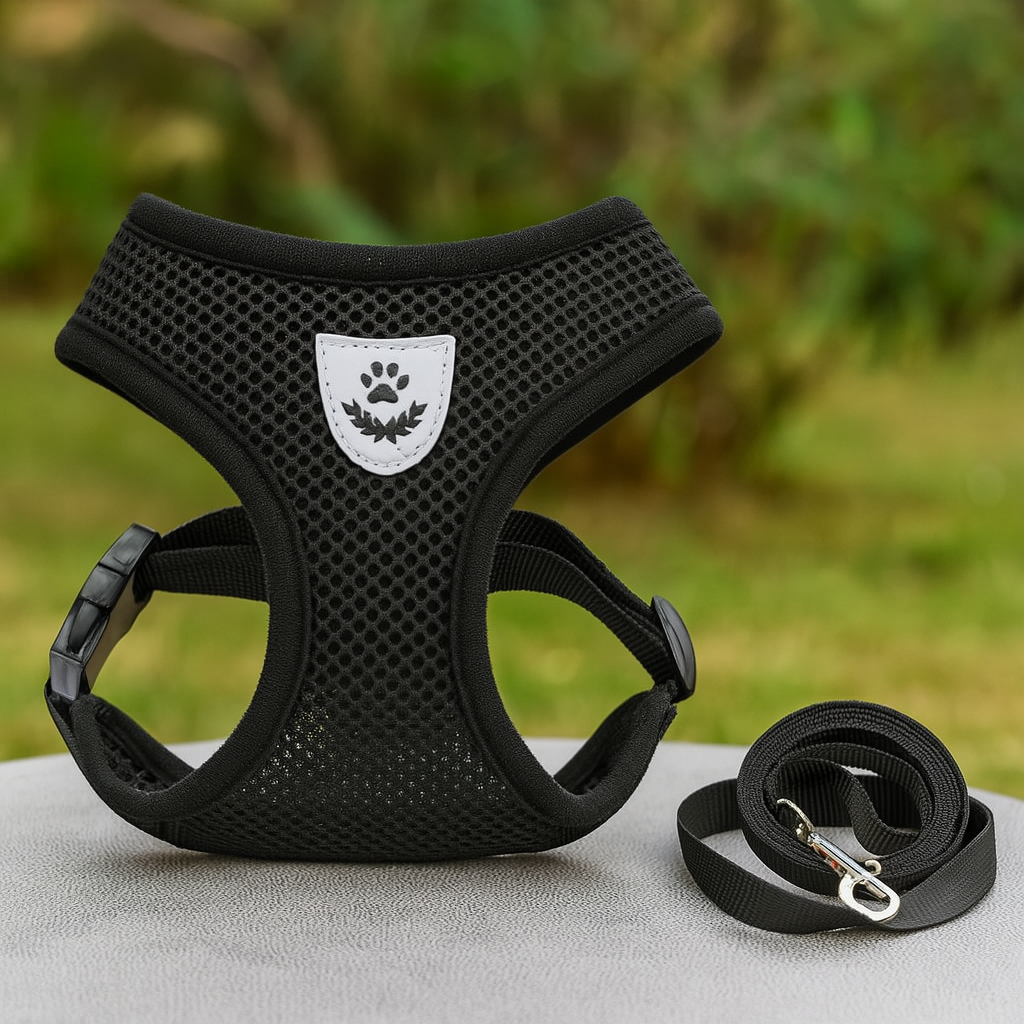 Harnais pour petit chien de couleur noir avec laisse assortie posé sur une table de couleur gris dans un jardin. Image produit Boutiquechien