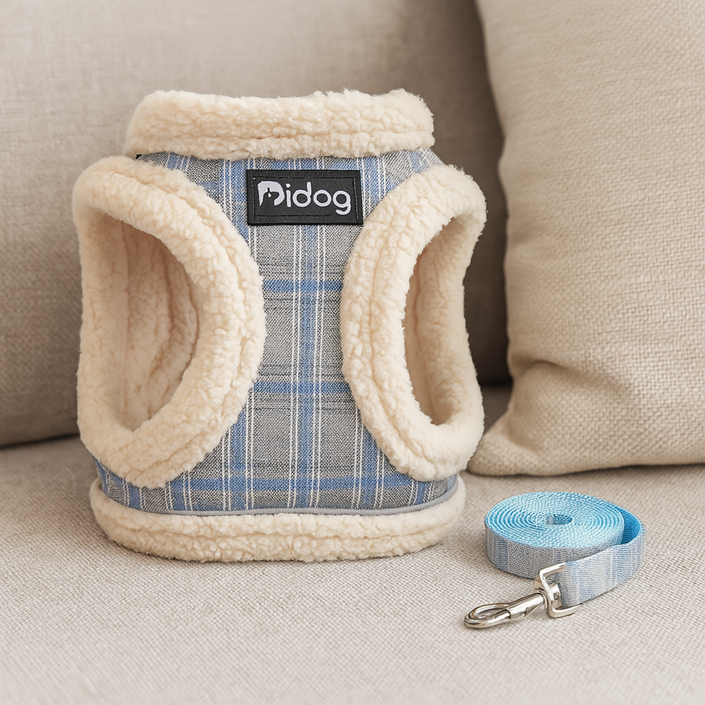harnais chihuahua de couleur bleu rembourré avec sa laisse bleu assortie. Les objets sont posé sur un canapé de couleur gris. Image produit Boutiquechien