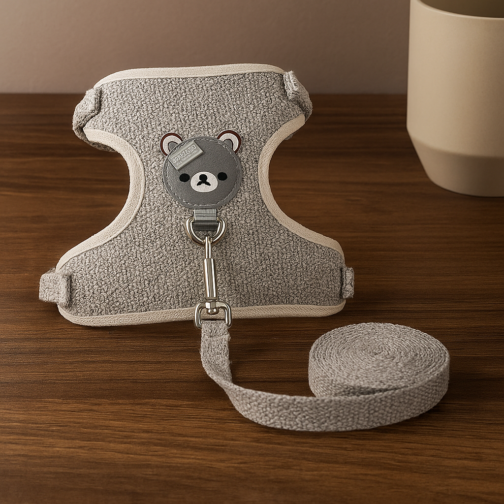 harnais chiot avec laisse assortie de couleur gris posé sur une table en bois. Image produit Boutiquechien