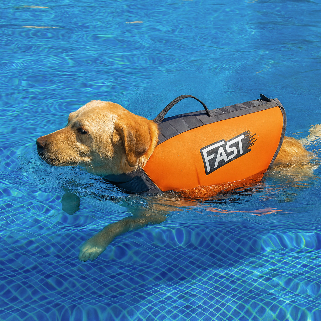 Gros chien de couleur brun claire portant un harnais pour chien de sauvetage de couleur orange et gris. Le chien se baigne dans une piscine. Image produit Boutiquechien