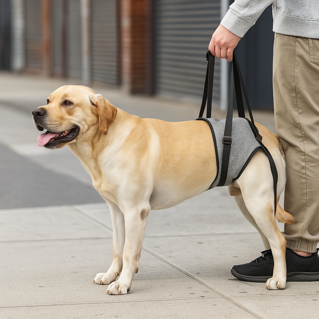 Harnais pour chien de maintient de couleur gris porté par un gros chien de couleur blanc. Le harnais possède une poignée noir tenu par un homme habillé en gris et kaki avec en fond des garages noirs. image produit Boutiquechien