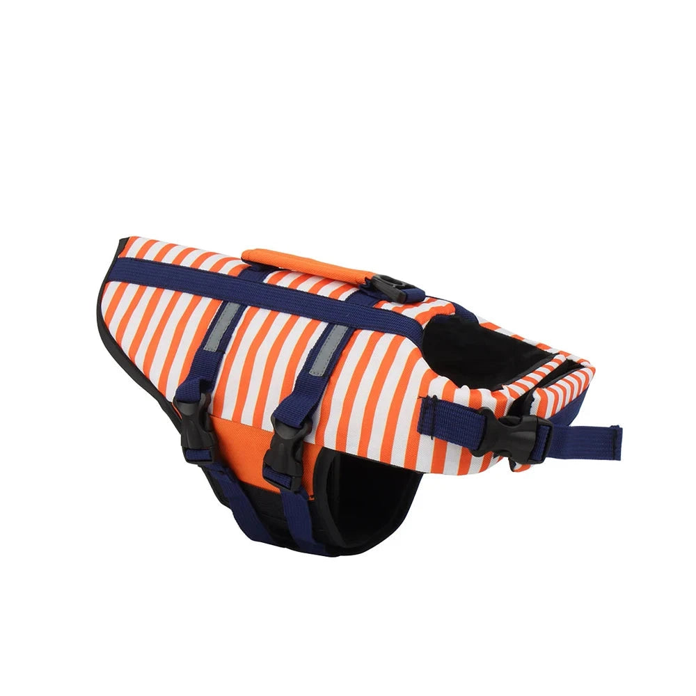 Harnais pour chien de sauvetage de couleur orange et blanc rayé avec des lanières bleu. Image produit Boutiquechien