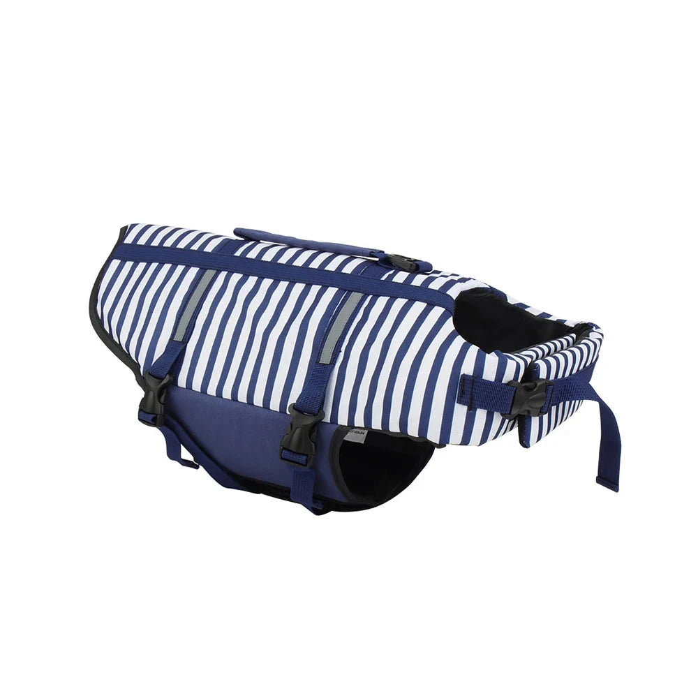Harnais de sauvetage pour chien de couleur bleu et blanc à rayure. Image produit Boutiquechien