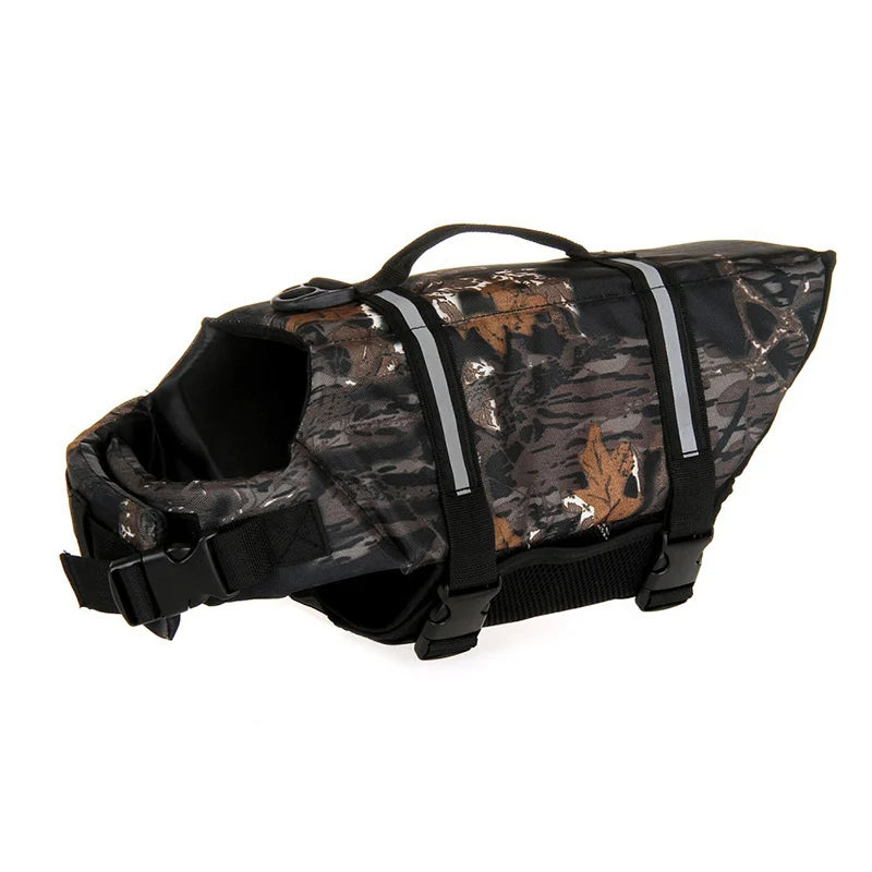 harnais de sauvetage pour chien camouflage feuille. Sur un harnais il y a une poignée de couleur noir avec des sangles noir. Image produit Boutiquechien