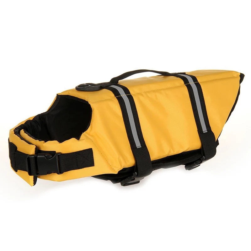 harnais de sauvetage pour chien jaune et noir avec des bandes réfléchissante. Sur un harnais il y a une poignée de couleur noir avec des sangles noir. Image produit Boutiquechien