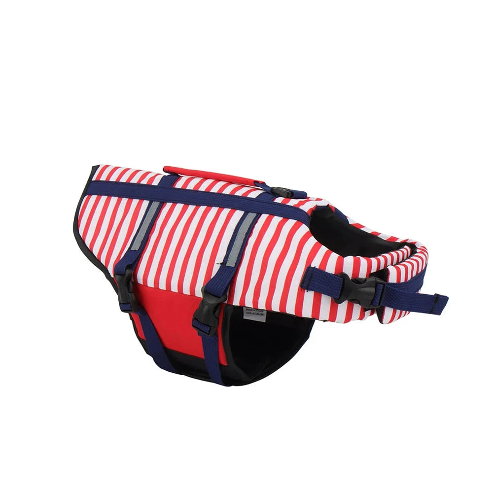 Harnais de sauvetage pour chien de couleur rouge et blanc rayé avec des lanière bleu. Image produit Boutiquechien