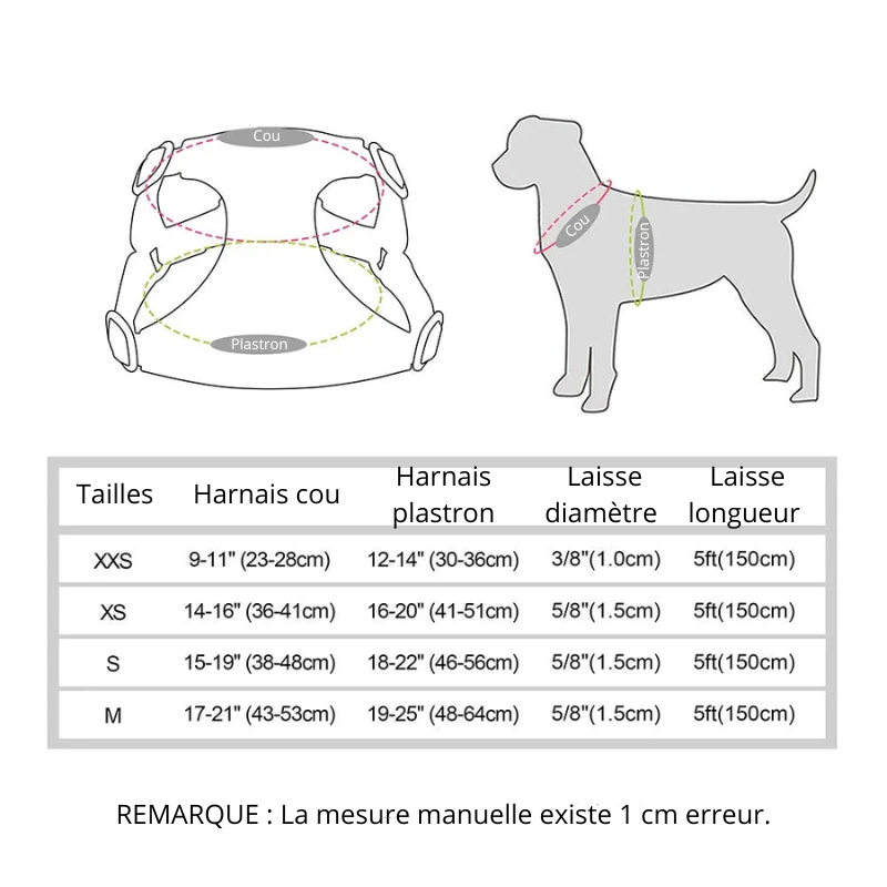 Dimensions total du harnais pour chien de XXS à M. Image produit Boutiquechien