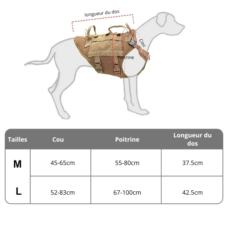 dimensions total es harnais pour chien tactique avec poignée de M à L. Image produit Boutiquechien