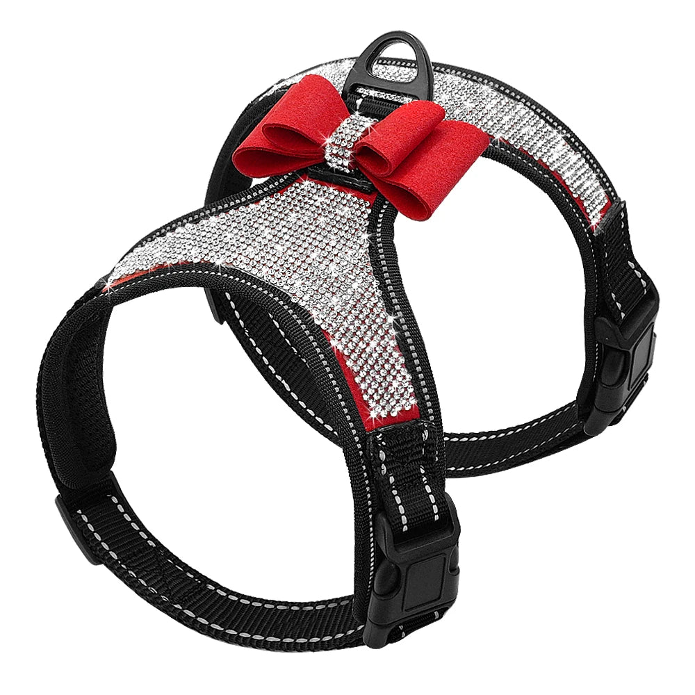 harnais noir pour petit chien avec paillettes grise et noeud rouge pour petit chien