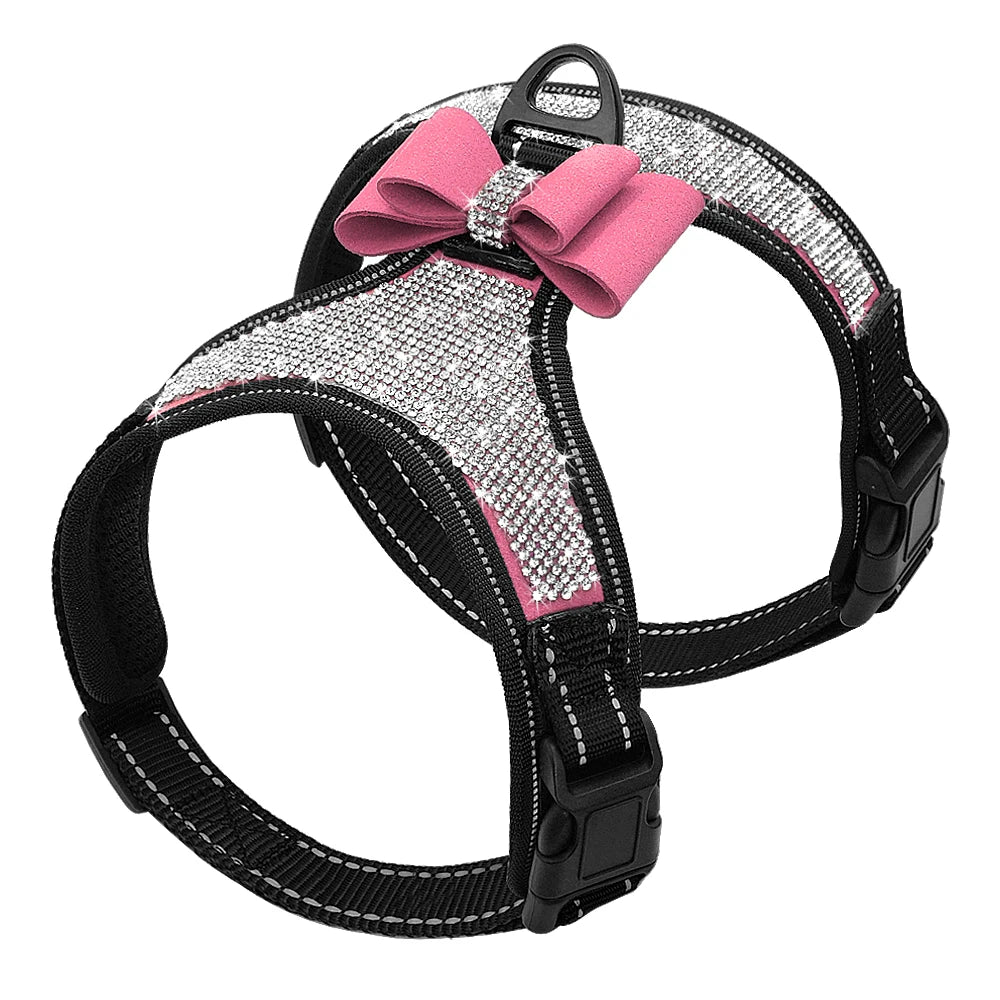 harnais noir pour petit chien avec pailettes grise et noeud rose