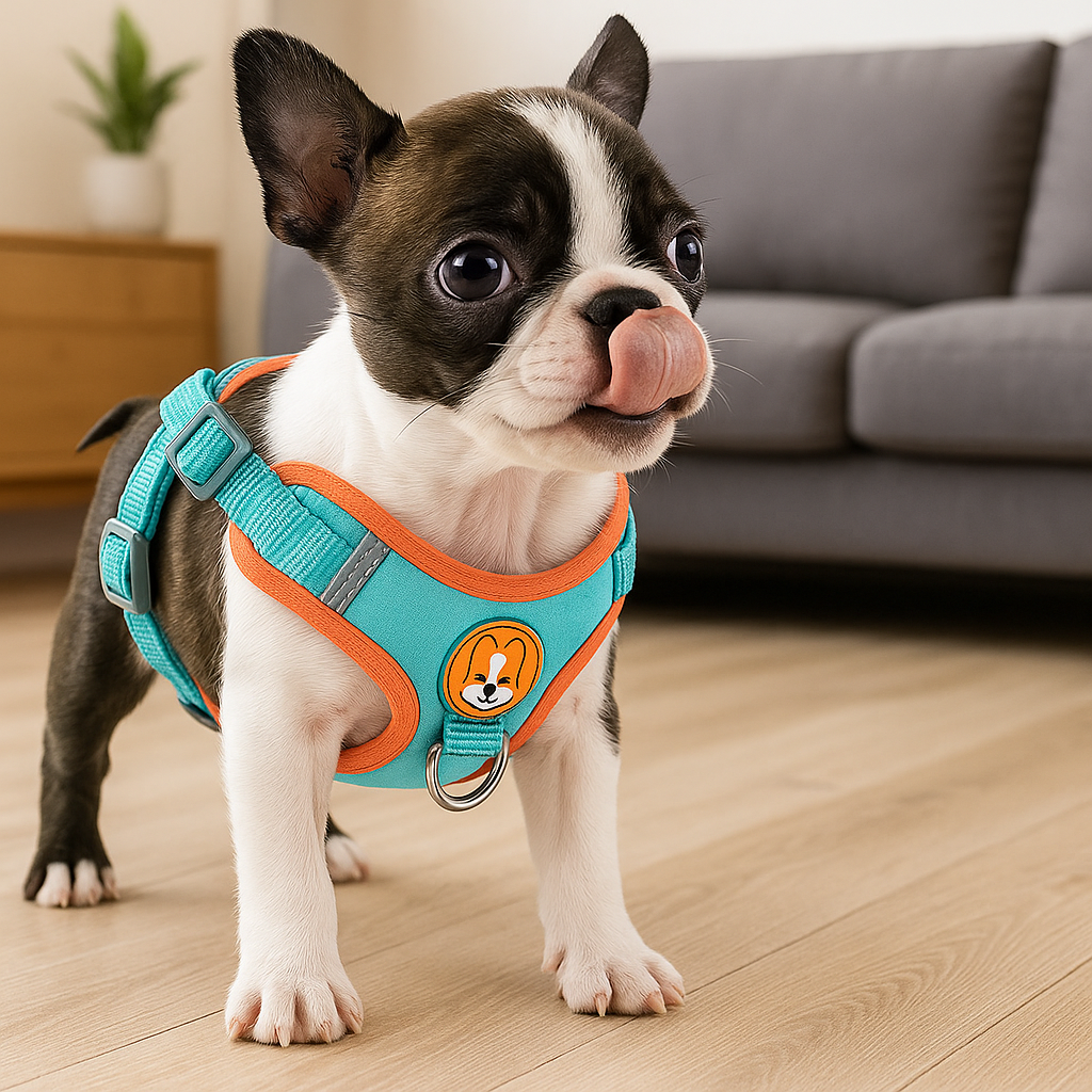 Petit chiot bulgod avec petit harnais bleu et orange. Le chien est dans un salon de couleur claire avec en fond un meuble en bois et une plante vert, et un canapé gris. Image produit Boutiquechien