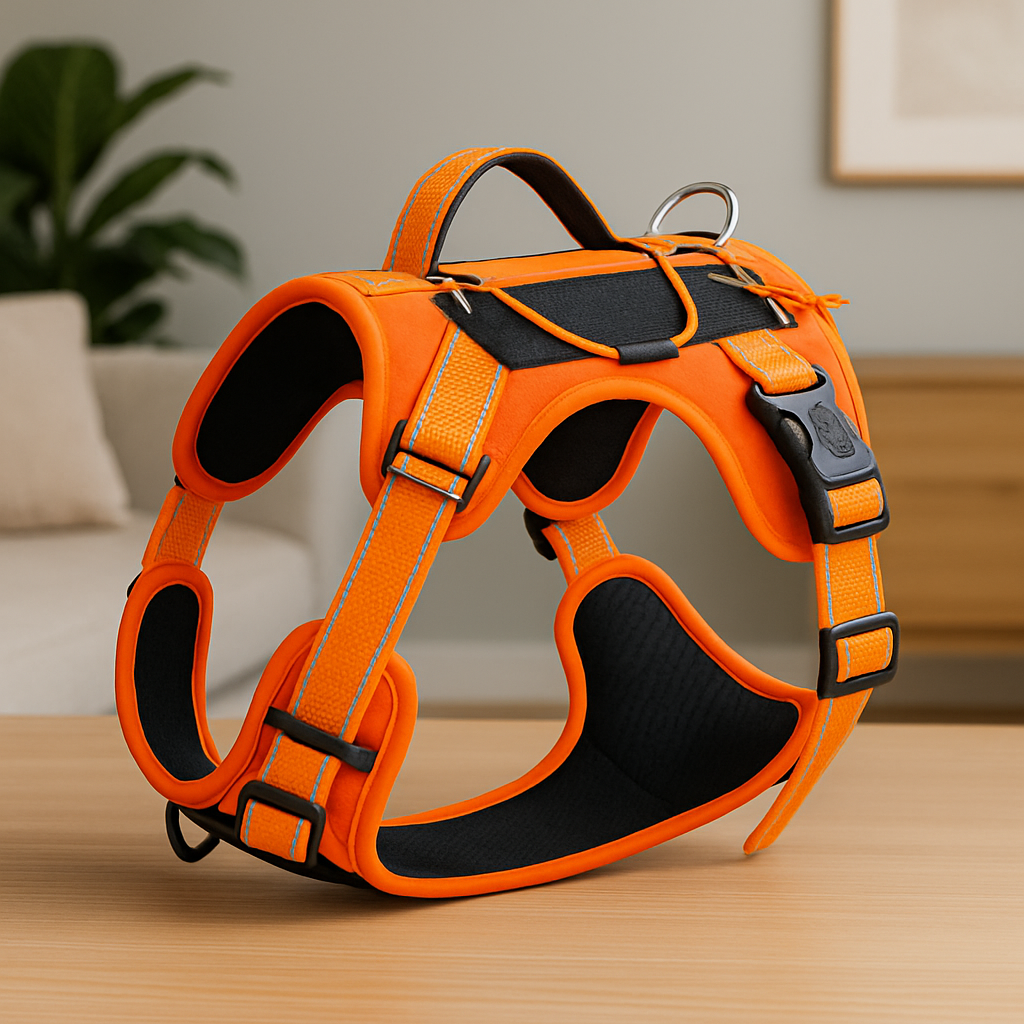 Harnais chien de couleur orange et noir résistant et durable dans un fond claire. Image produit Boutiquechien