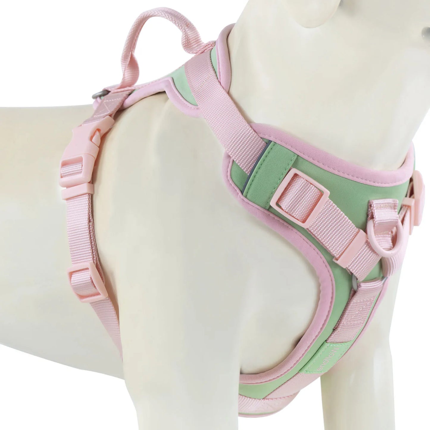 Harnais pour chien de couleur vert claire et rose durable et résistant pour les grands chiens. Image produit Boutiquechien