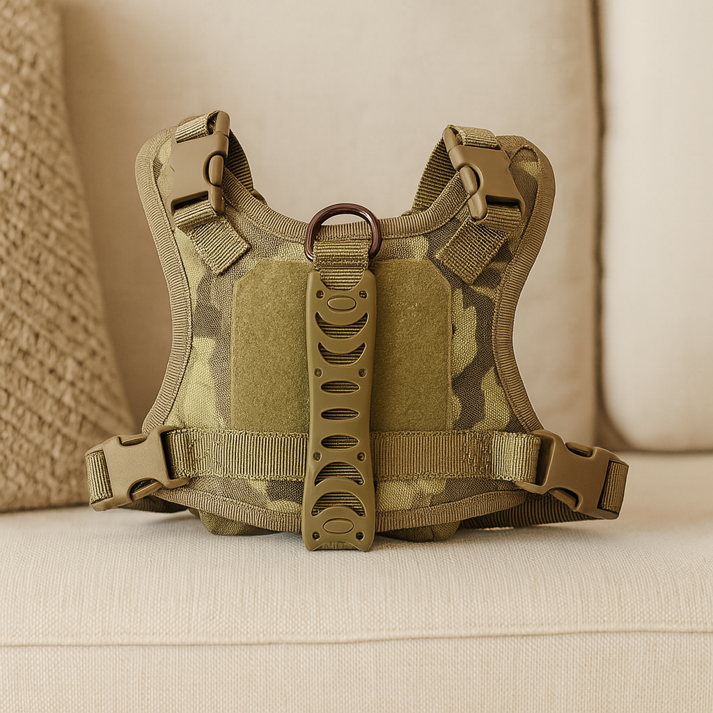 harnais pour chiot et petit chien résistant et durable militaire pour chien. le harnais est posé sur un canapé chien blanc. Image produit Boutiquechien