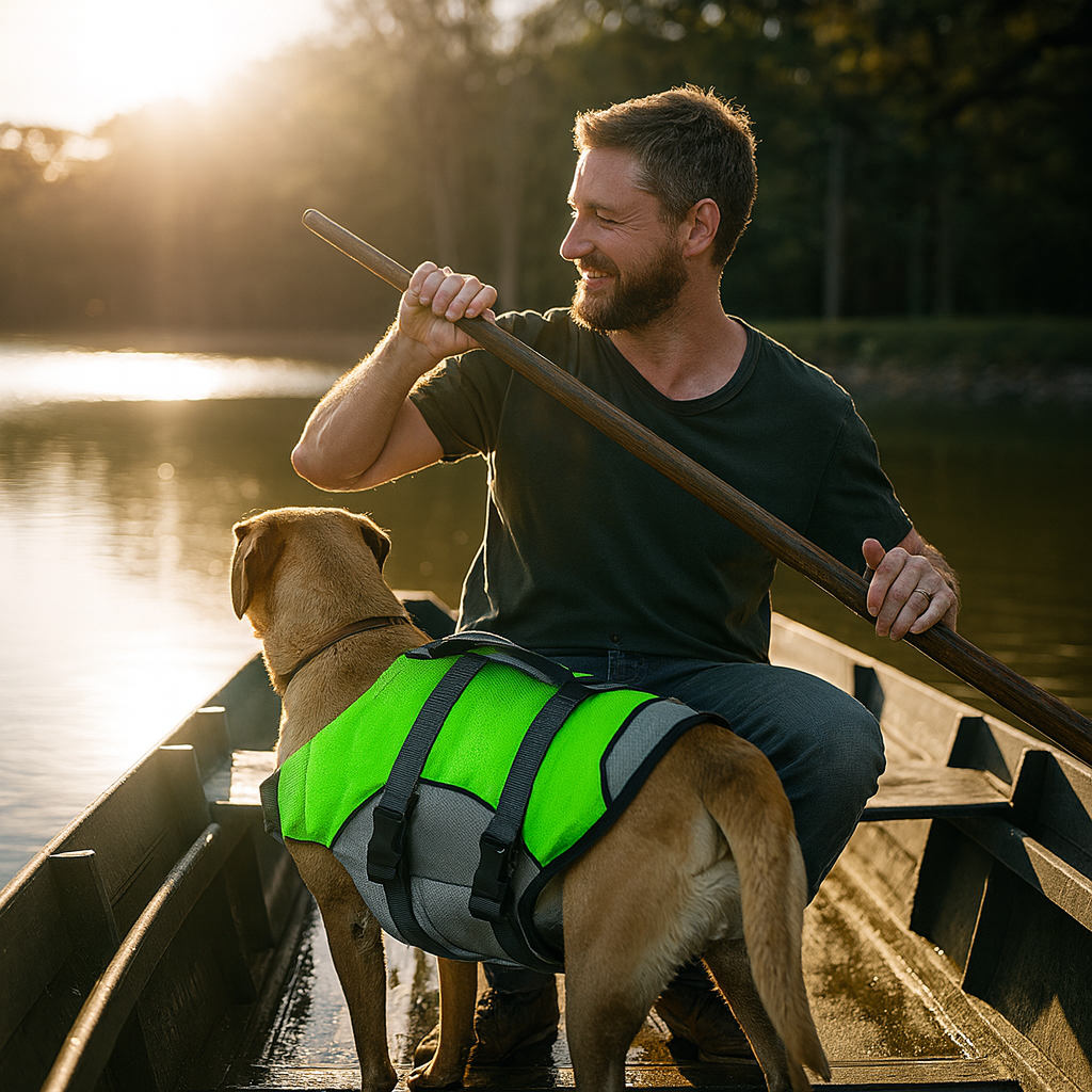 homme pagayant sur une rivière avec en fond des arbres. Dans le bateau il y a un chien de couleur claire portant un gilet de sauvetage de couleur vert et gris de boutiquechien