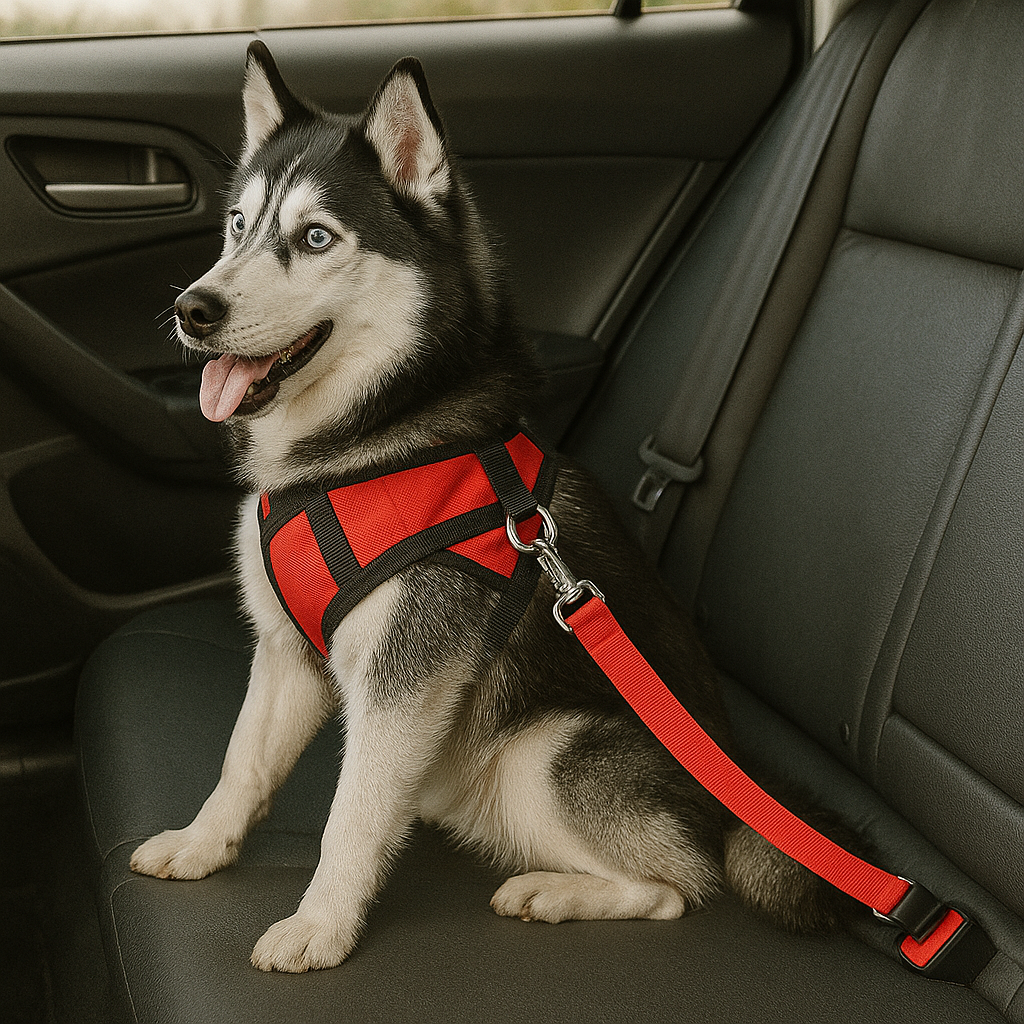 husky chien de couleur noir et blanc assis à l'arrière d'une voiture de couleur noir maintenu par une ceinture de sécurité rouge. Image produit Boutiquechien