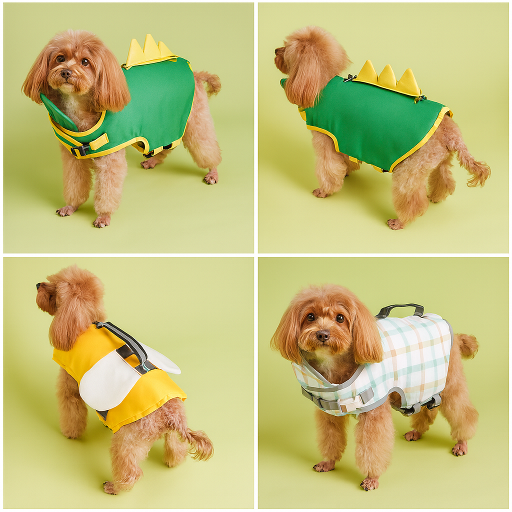 lot d'image montrant un petit chien portant le gilet de sauvetage pour petit chien de couleur et forme différente. Image produit Boutiquechien