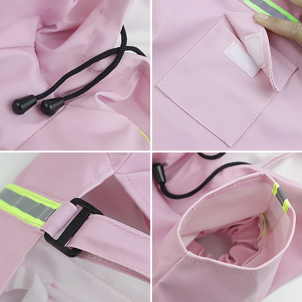 Imperméable pour chien de couleur rose avec des bandes jaunes réfléchissante. Image produit Boutiquechien