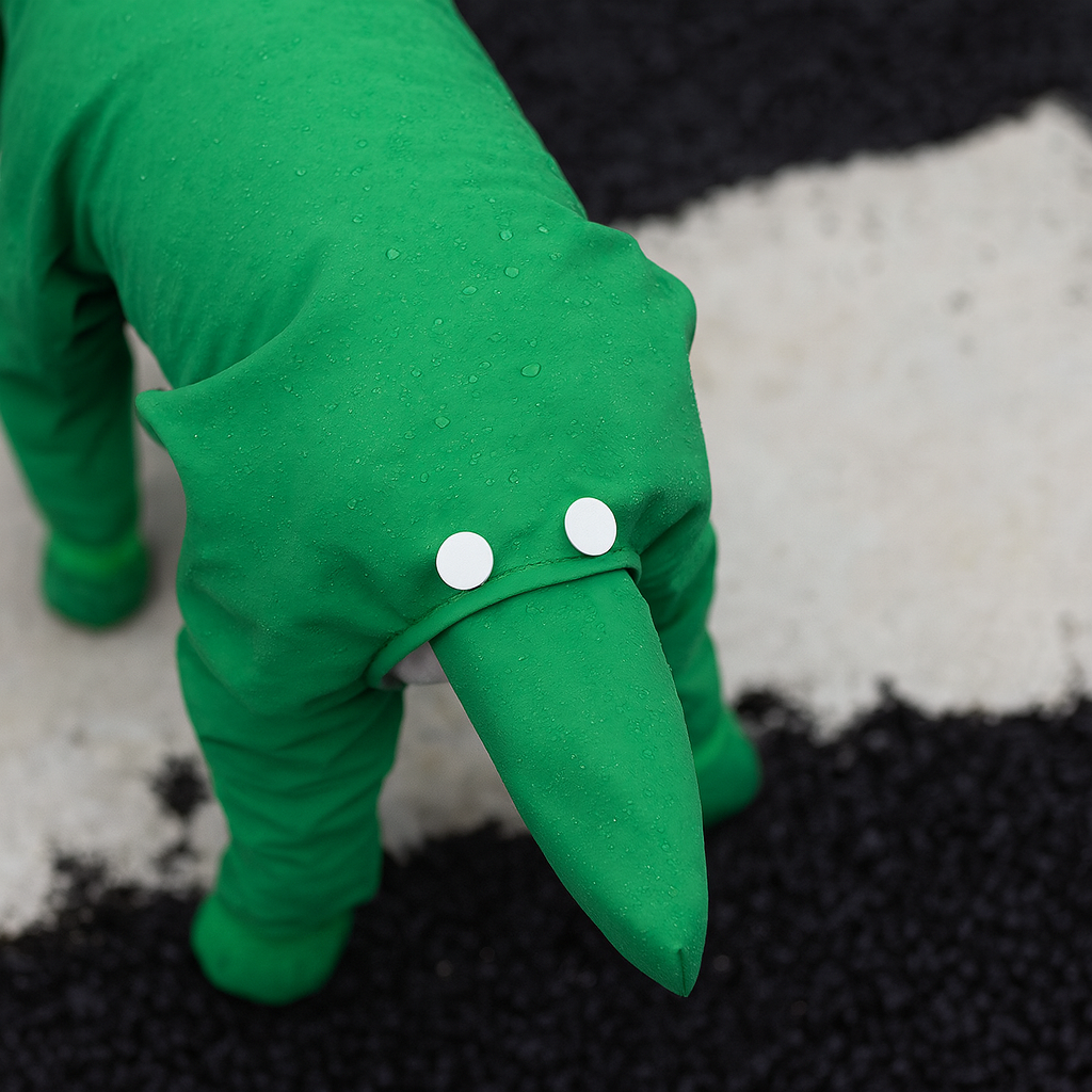 Imperméable intégral de couleur vert allant sur la queue du chien. Image produit Boutiquechien