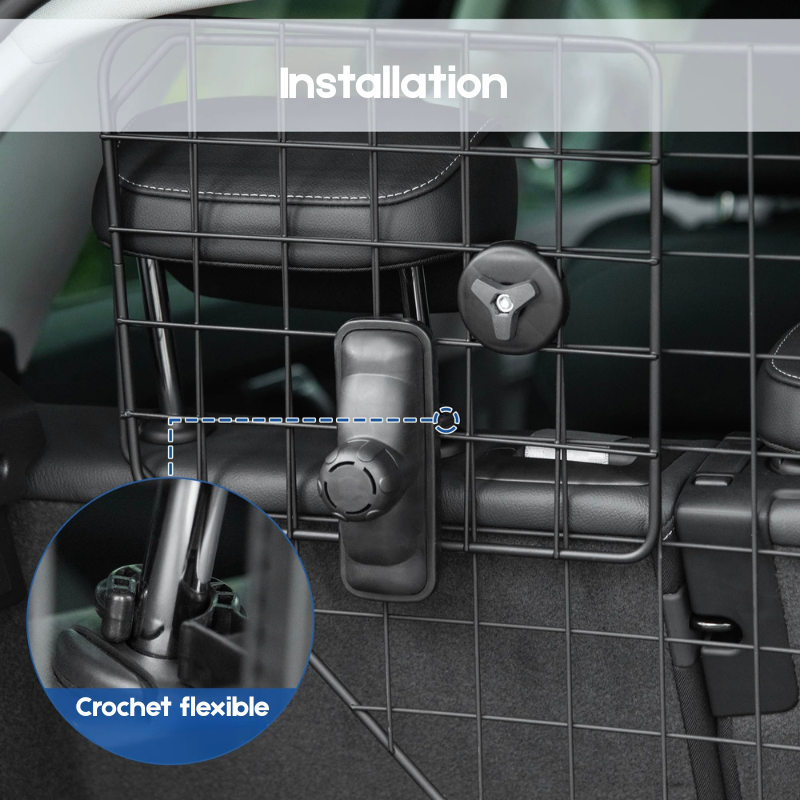 installation facile de la grille de coffre de protection de couleur noir. Le produit se fixe sur les crochet d'appuie tête de voiture. Image produit Boutiquechien