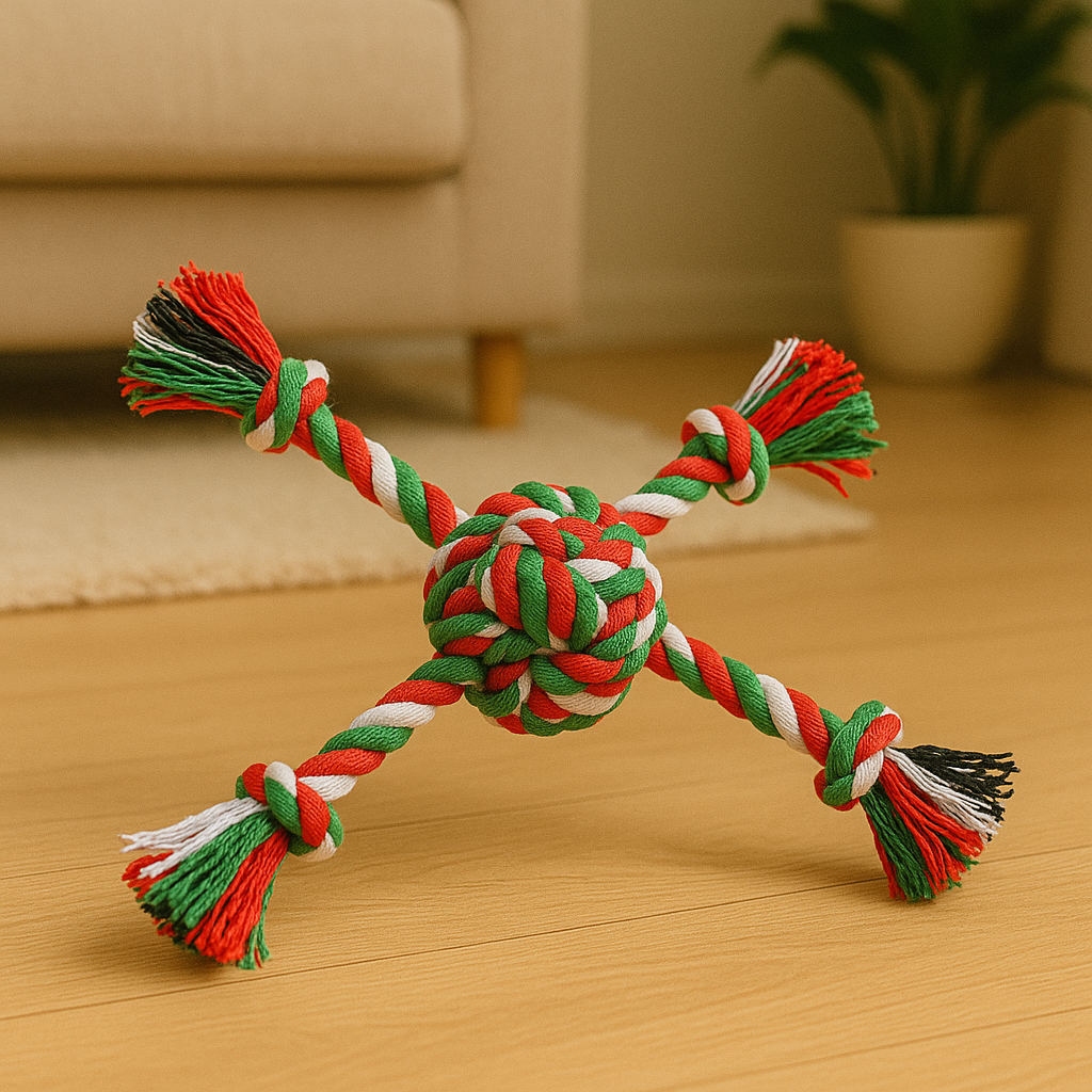 jouet chein en forme de x avec une balle en corde. Image produit Boutiquechien