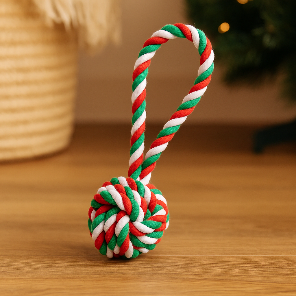 Jouet chien en corde posé par terre avec en fond un arbre de Noel. Image produit Boutiquechien