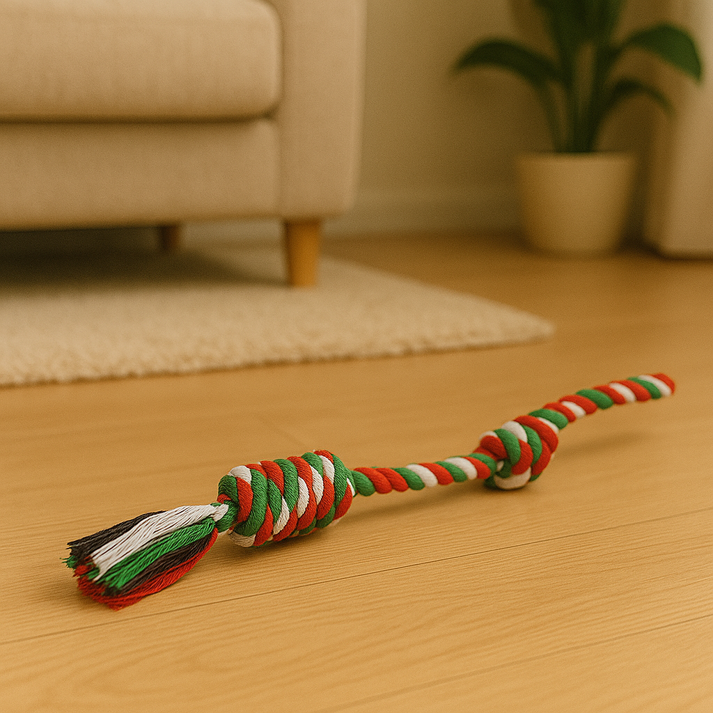 Jouet chien en corde aux couleurs de noël posé dans un salon de couleurs claire. En fond il y a un canapé blanc et une plante verte. Image produit Boutiquechien