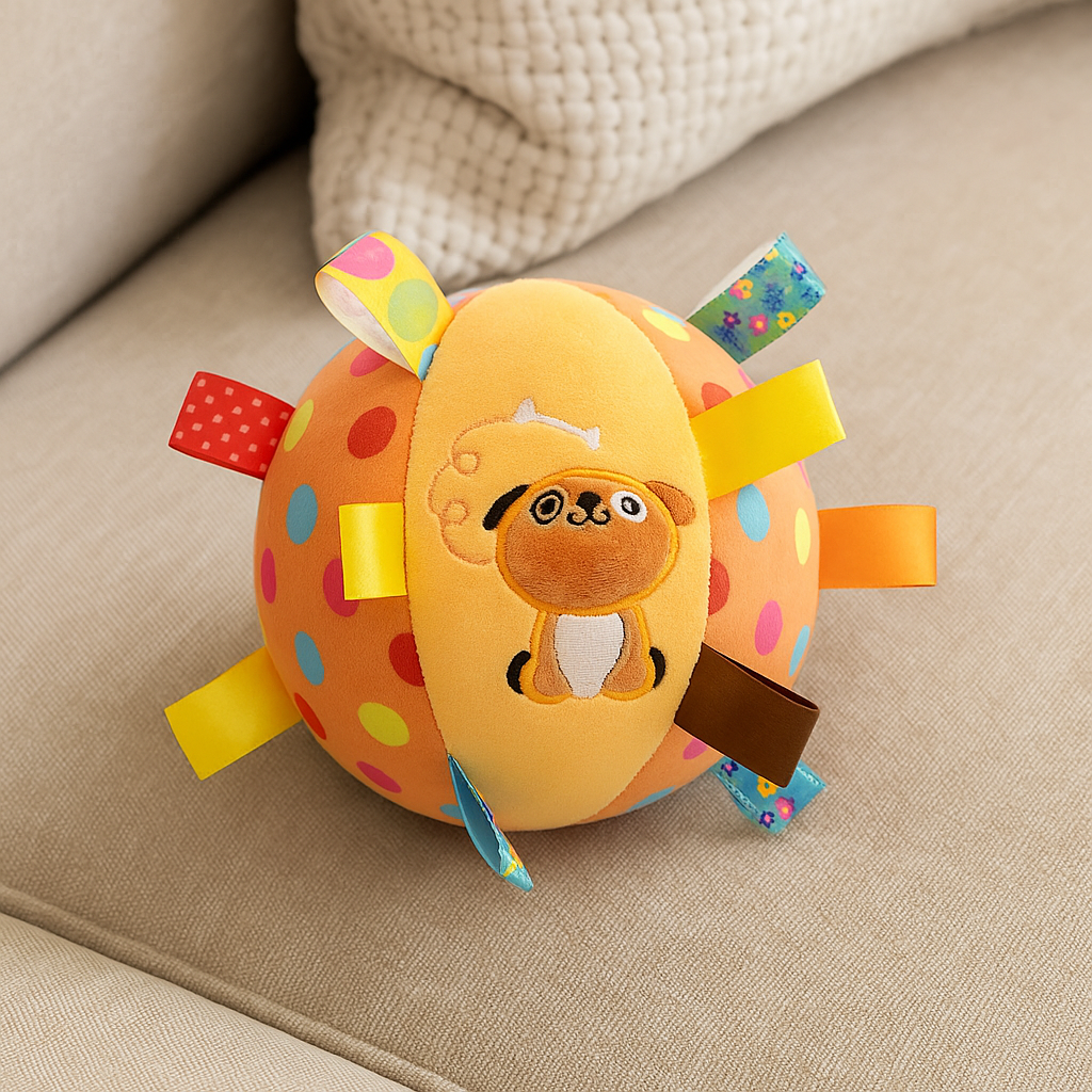Peluche chien en forme de rond coloré et attrayant pour chien posé sur un canapé claire. Image produit Boutiquechien