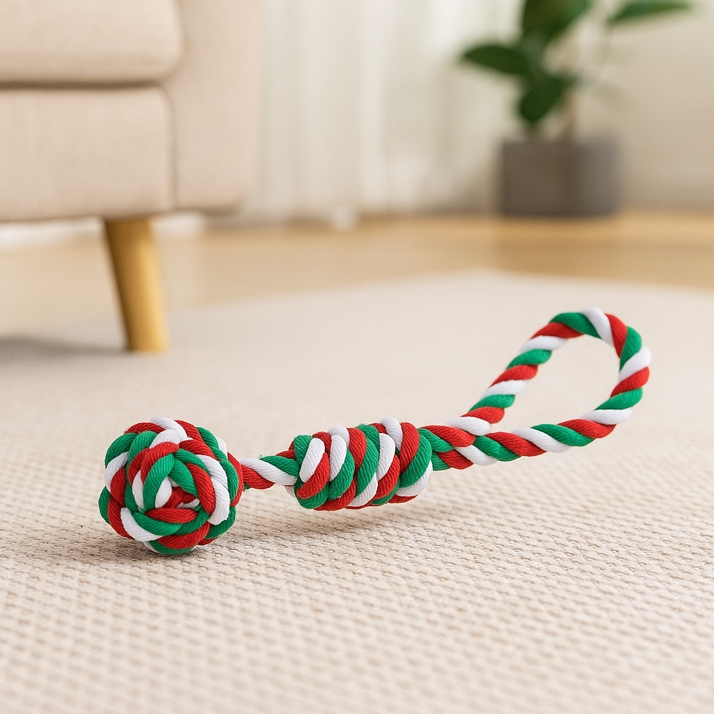 Jouet en corde résistant posé par terre de couleur blanc. Le jouet en corde est au couleur de noël. En fond il y a un canapé et une plante verte. Image produit Boutiquechien