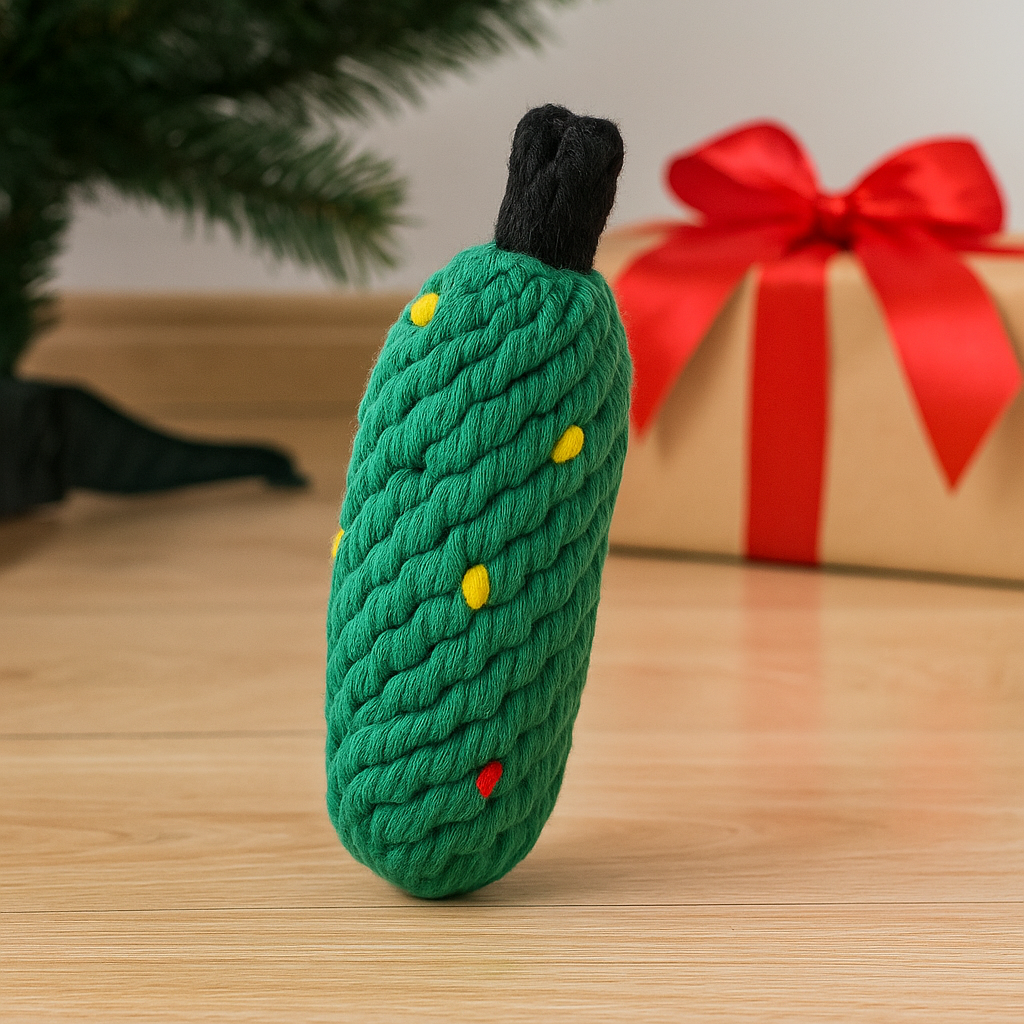 jouet chien en corde en forme d'arbre de noël. en fond il y a un arbre de Noël. Image produit Boutiquechien